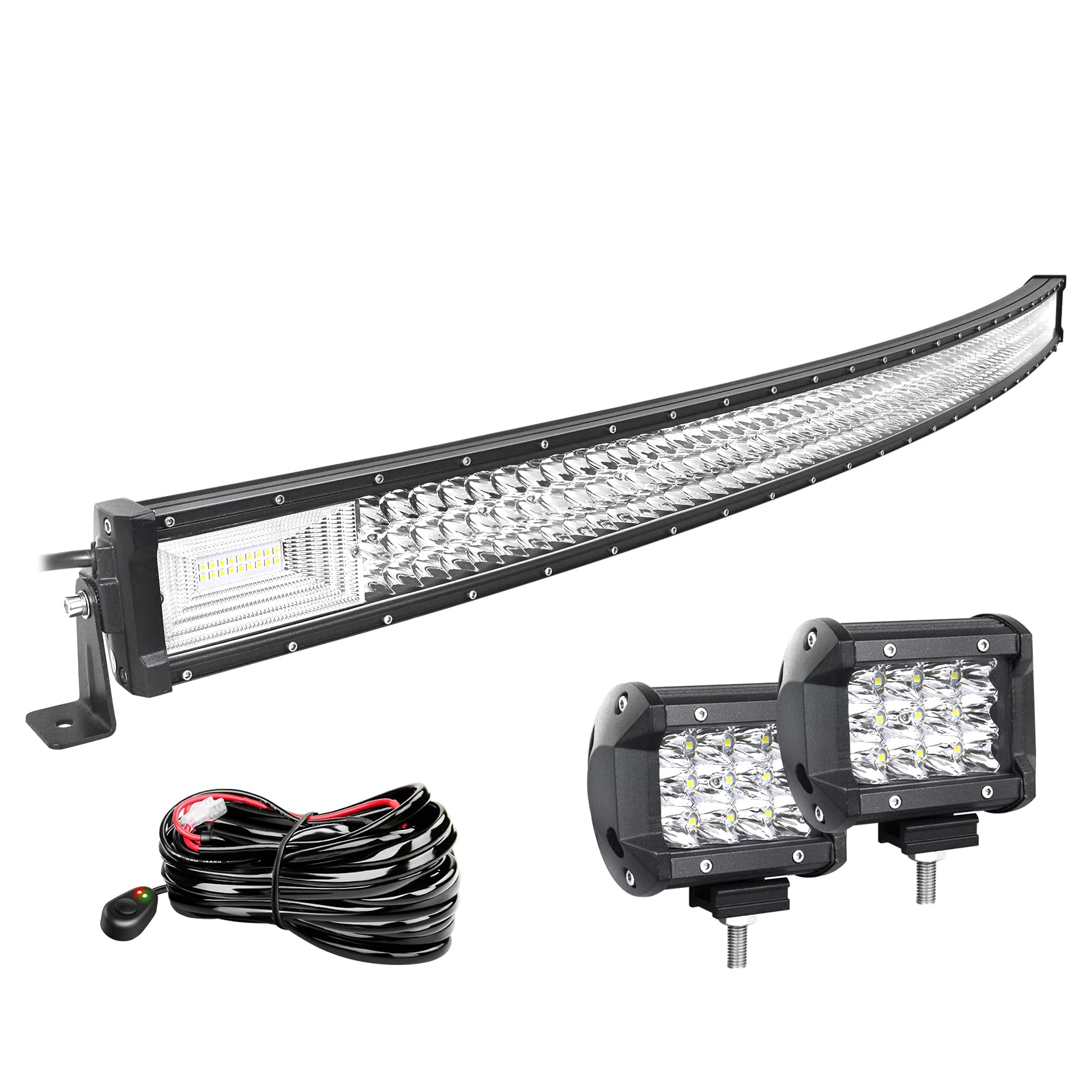 Willpower 52 Zoll 132CM 675W Led Arbeitsscheinwerfer Bar Gebogen + 2pcs 4 Zoll Led Scheinwerfer + Kabelbaum 12V 24V LED Bar für Offroad Auto Traktor Zusatzscheinwerfer Rückfahrscheinwerfer Lightbar von Willpower