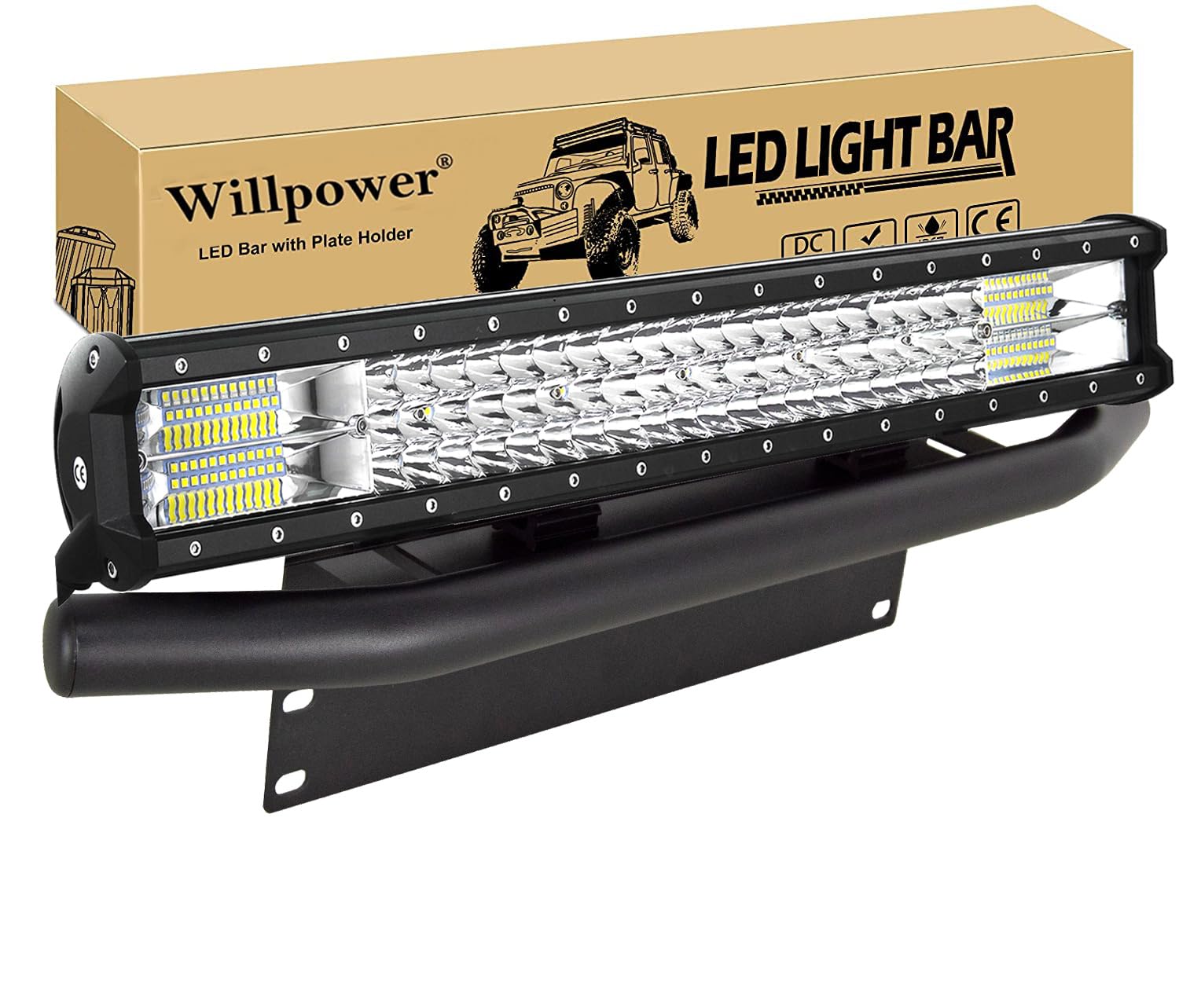 Willpower Drei Reihen 23 Zoll LED Arbeitsscheinwerfer Bar mit vorderer Nummernschild-Montagehalterung, 324W Spot Flood Combo LED Zusatzscheinwerfer für Offroad Auto Traktor SUV ATV LKW von Willpower