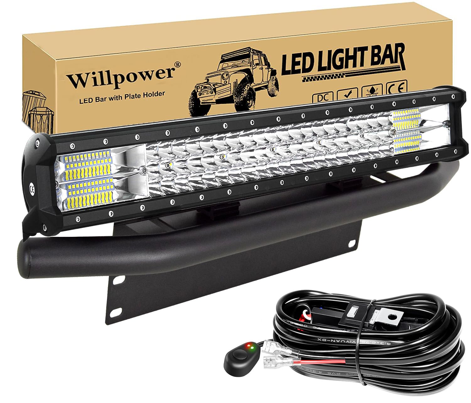 Willpower 23 Zoll 324W LED Arbeitsscheinwerfer Bar mit vorderer Nummernschild-Montagehalterung und Kabelsatz, Led Scheinwerfer 12v für Auto Bagger Anhänger Traktoren LKW SUV offroad von Willpower