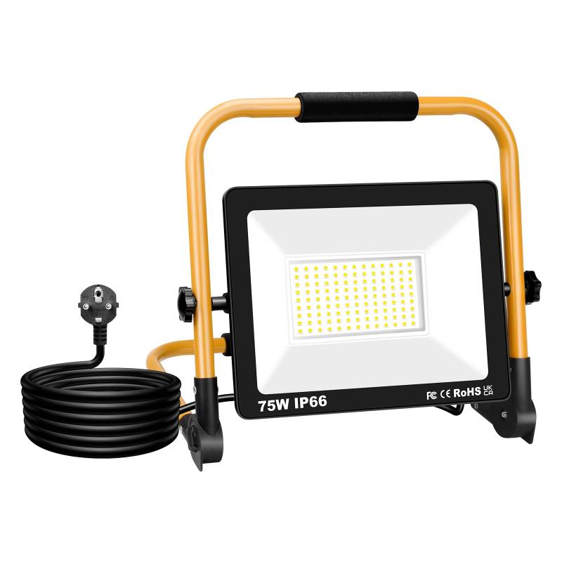 Willpower Tragbar LED Baustrahler 75W 7500LM LED Arbeitsstrahler mit Stecker Klappbügel LED Scheinwerfer 6000K Weiß IP66 Wasserdicht LED Strahler Fluter für Werkstatt Baustelle Garage Baustellen von Willpower