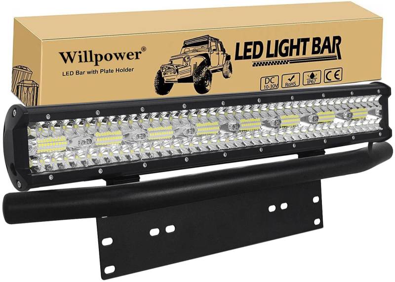 Willpower Vierreihige 23 Zoll LED Arbeitsscheinwerfer Bar mit vorderer Nummernschild-Montagehalterung, 480W Spot Flood Combo LED Zusatzscheinwerfer für Offroad Auto Traktor SUV ATV LKW von Willpower