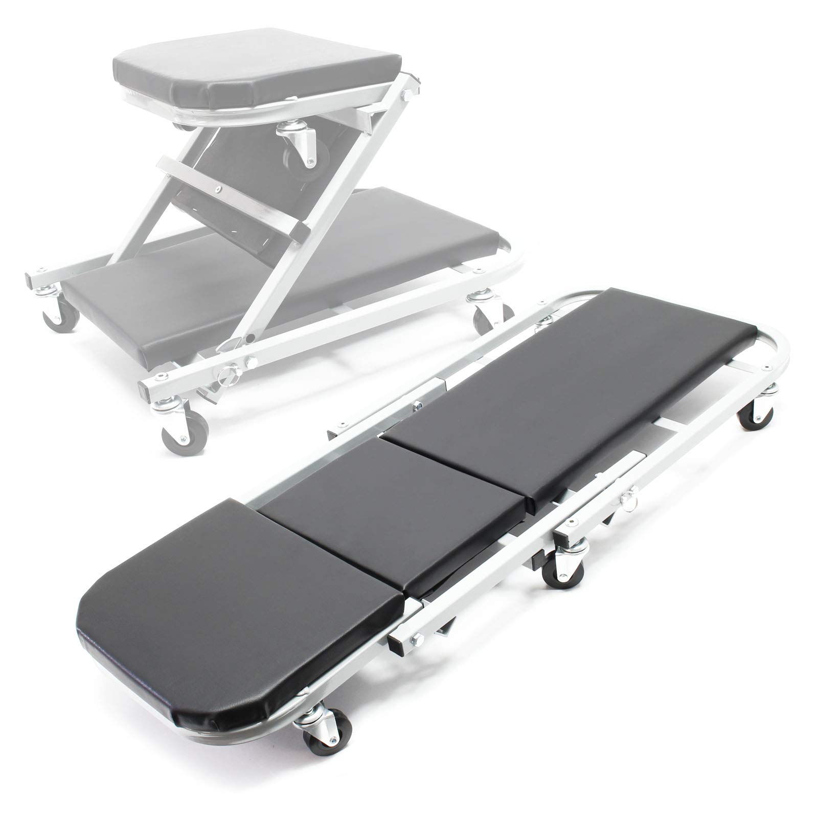 Wiltec 2-in-1 Montageliege & Werkstattsitz 90 x 41,5 x 12,5 cm, bis 150kg, Werkstatthocker mit gepolsterter Liegefläche & 6 Lenkrollen, Montagliege, Rollbrett von Wiltec