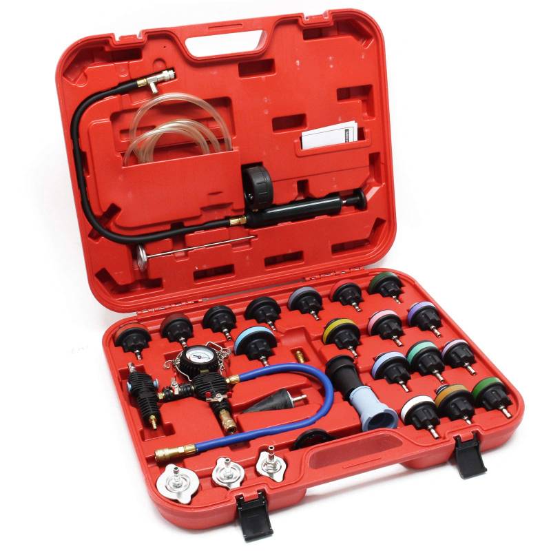 Wiltec Universal Kühlsystemtester 27-teilig mit farbkodierten Kühlertestkappen & Testpumpe, Kühlsystementlüfter Kühlsystembefüller Kühlsystemprüfer von Wiltec