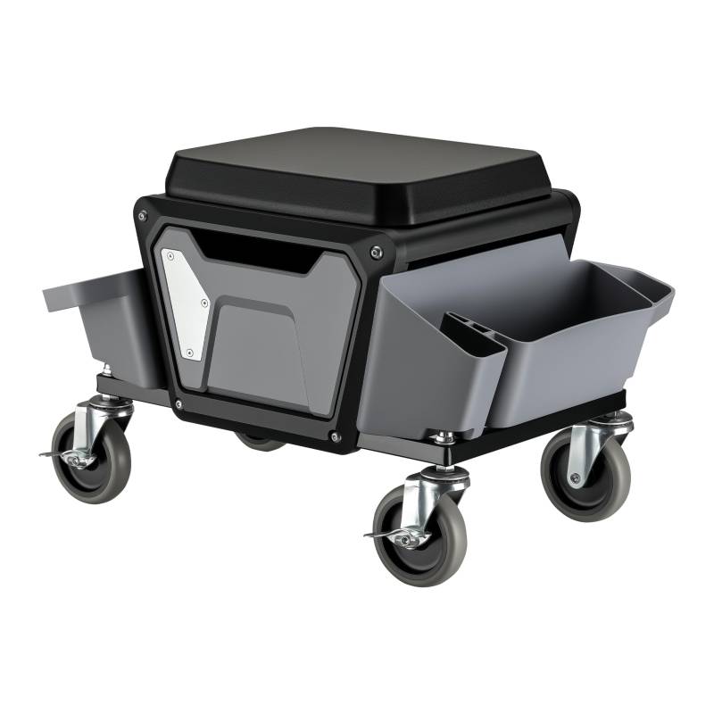 Wiltec Rollsitz 53 x 38 x 38 cm bis 120 kg, Werkstatthocker mit Rollen, Rollhocker mit Werkzeugablage, Werkstattstuhl mit Abnehmbarer Teileablage, Montagehocker mit Rädern von Wiltec