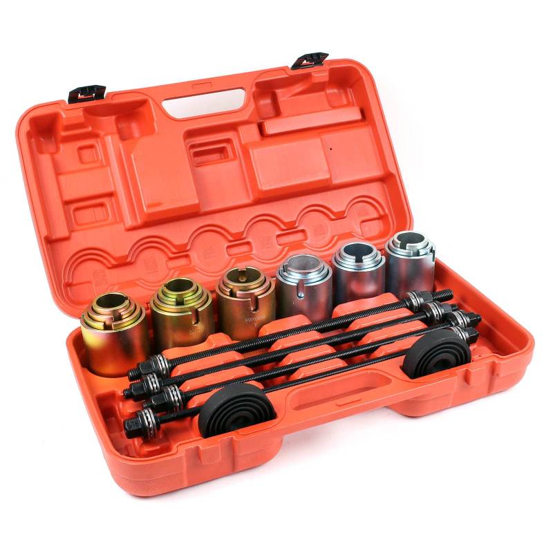 Wiltec Radlager Gummibuchsen Abzieher Set 26 teilig zum Wechsel/Ausbau von Radlagern und Fahrwerksbuchsen, mit Druckplatten, Druckspindeln und Druckhülsen von Wiltec