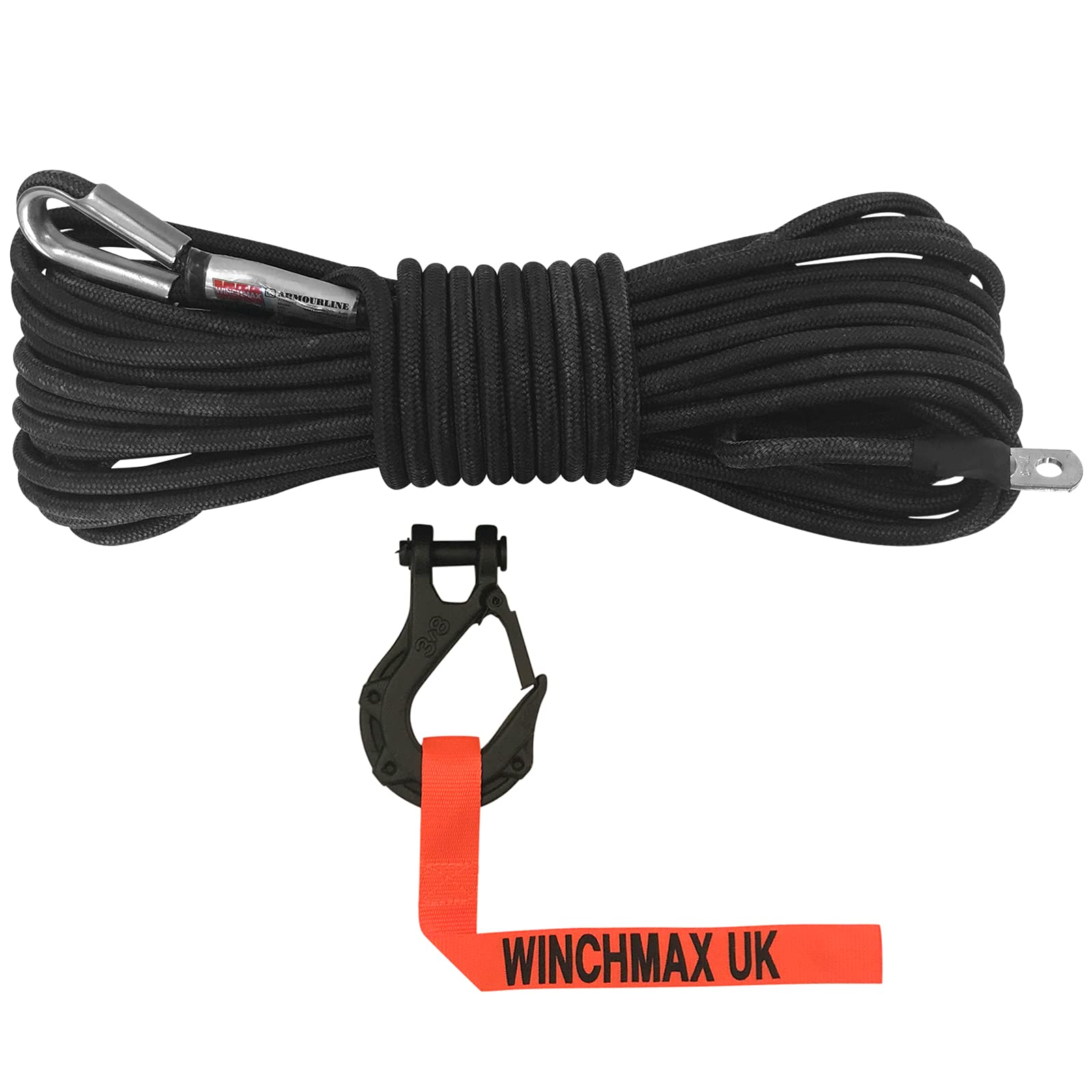 Winchmax 25m x 10mm Armourline Synthetic Rope mit 3/8 Zoll taktischem Haken. Maximale Bruchlast 9500 kg. von Winchmax