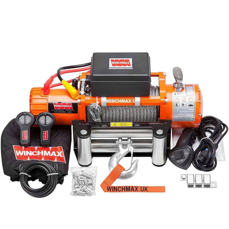 Winchmax 13500 lb (6123 kg) 24V Seilwinde. 26 m x 9,5 mm verzinktes Stahldrahtseil, 3/8 Zoll Gabelkopfhaken. Fernbedienungen. von WINCHMAX
