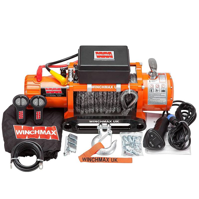 Winchmax 13500lb / 6123kg Original orange 12v elektrische Winde. 28 m 11 mm Dyneema Sk75 mehrsträngiges Synthetikseil, 3/8 Zoll Gabelkopfhaken, Twin Wireless Remote Control. von Winchmax