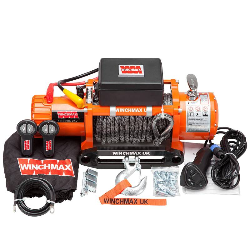 Winchmax 13500lb / 6123kg Original orange 24v elektrische Winde. 28 m 11 mm Dyneema SK75 mehrsträngiges Synthetikseil, 3/8 Zoll Gabelhaken, Twin Wireless Remote Control. von WINCHMAX