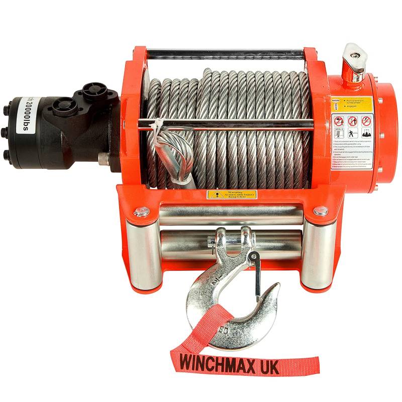 WINCHMAX 20000 lb / 9072 kg Original Orange Hydraulische Winde. 25m x 14mm Stahlseil. 1/2 Zoll Gabelkopfhaken. von Winchmax