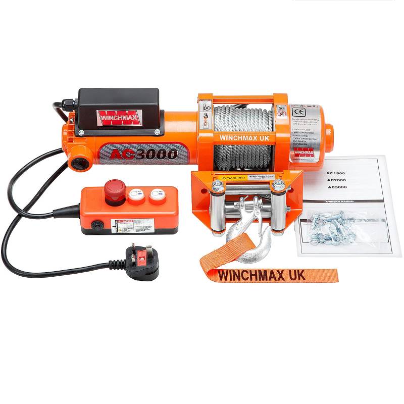 WINCHMAX 3000lb / 1361Kg Netzspannung 240V 13A Einphasige Original Orange Winde. 5 mm x 12,5 m verzinktes Stahldrahtseil. 1/2 Zoll Gabelkopfhaken, Rollenführung. von WINCHMAX