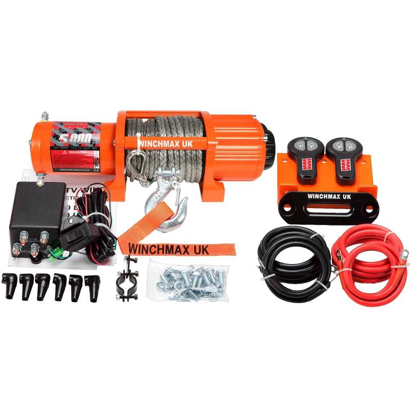 WINCHMAX 5000lb (2268kg) Original Orange Elektrische 12-V-Winde, Dyneema-Seil, kabellose Doppelfernbedienung Inklusive Montageplatte von WINCHMAX