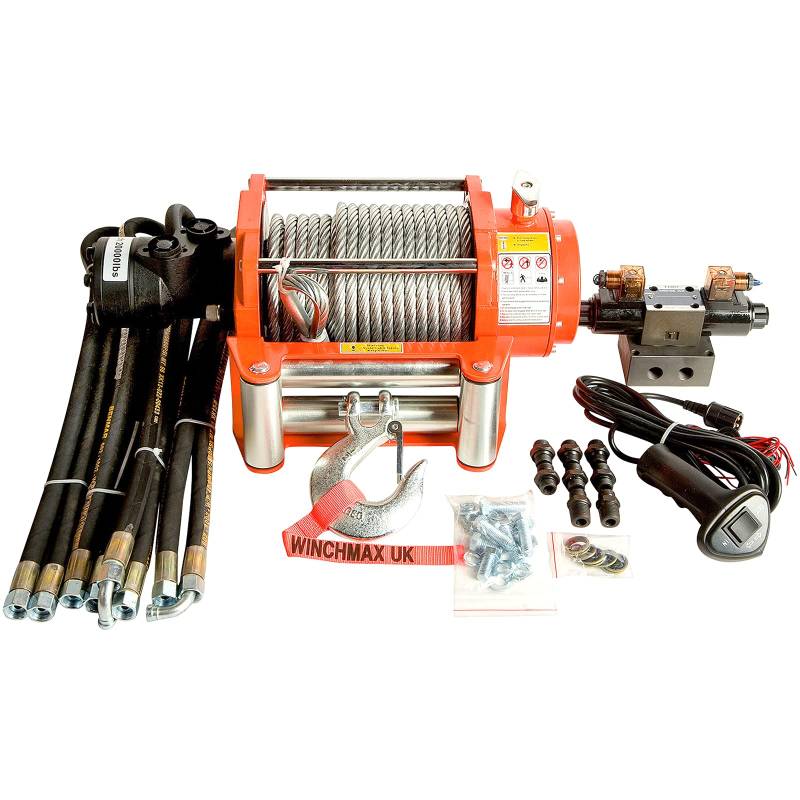 Winchmax Hydraulische Winde (9.072 kg), Orange. 25 m x 14 mm, Stahlseil. 1/2 Zoll Gabelhaken, 24 V hydraulische Steuerung. von WINCHMAX