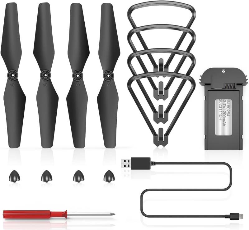 Wipkviey T6 Drohne, Ersatzzubehör-Set mit Propellerschutz, Propellerdeckel, Ersatzlamellen, Schraubendreher, 1 x modularer wiederaufladbarer Li-Po-Akku, 3,7 V, 1200 mAh, Ladekabel von Wipkviey