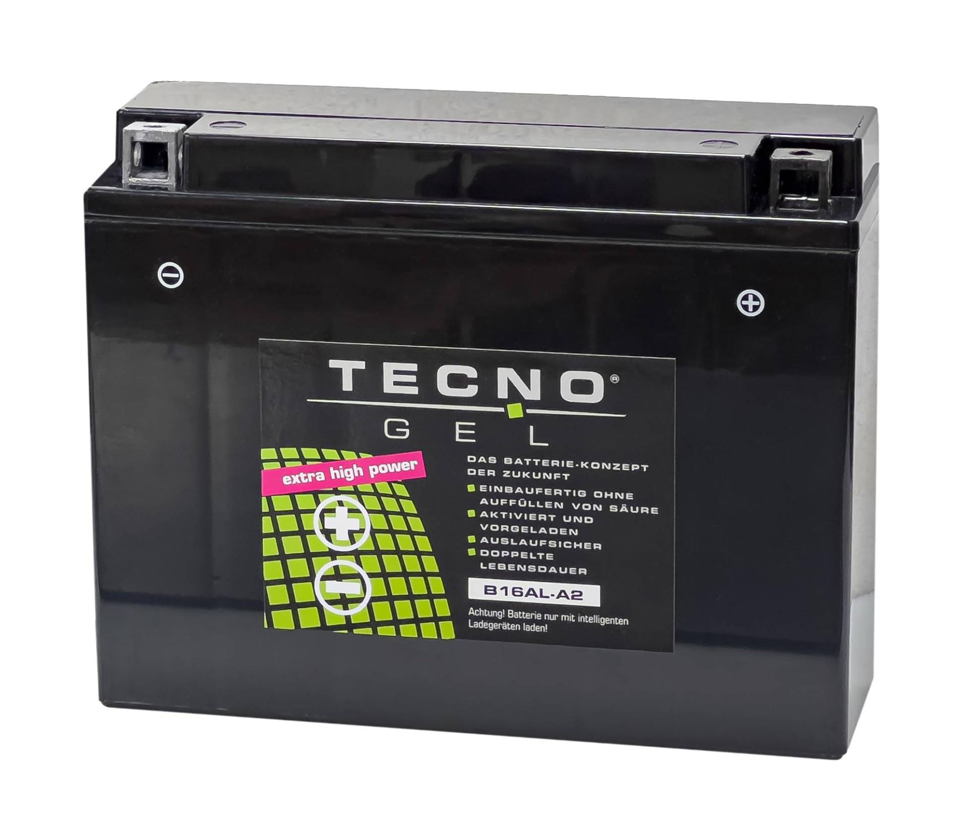 TECNO-GEL Motorrad-Batterie für YB16AL-A2, 12V Gel-Batterie 16Ah, 205x70x162 mm von Wirth-Federn
