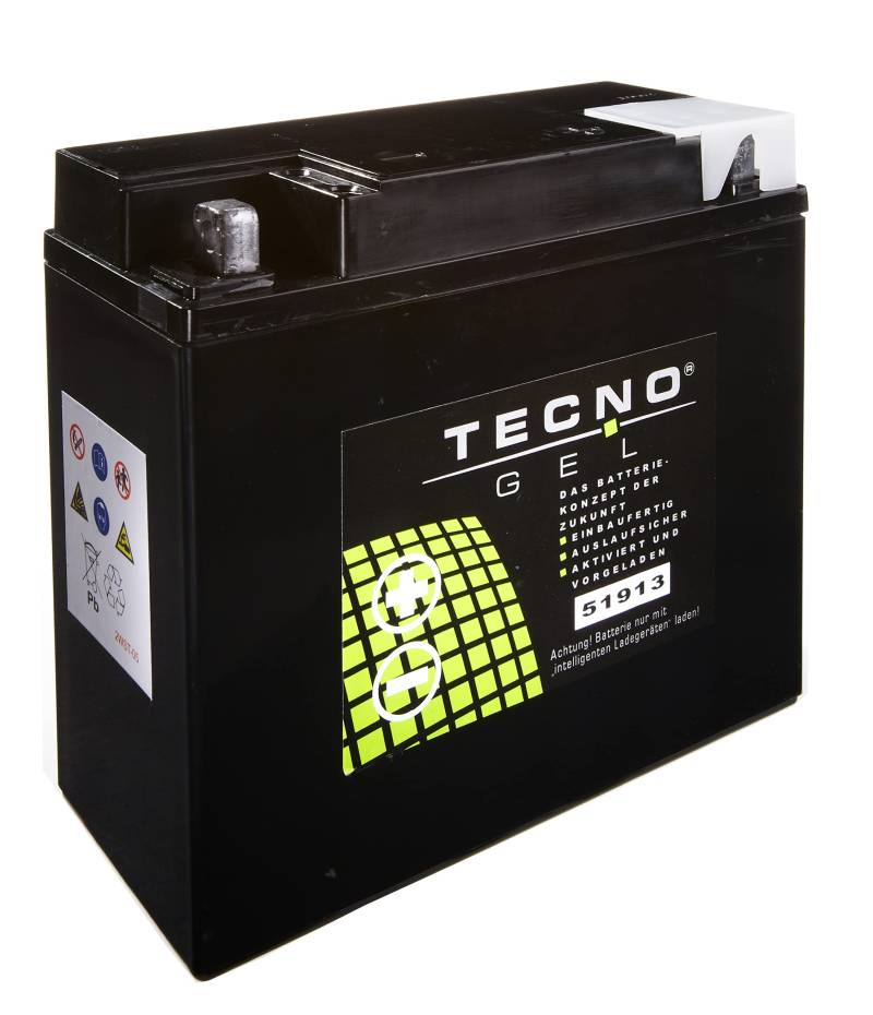 TECNO-GEL Motorrad Qualitäts Batterie 51913 (51814) für MOTO GUZZI V35, V50, V65 div. 1970-1995, 12V Gel-Batterie 22 Ah, 186x82x171 mm von Wirth-Federn