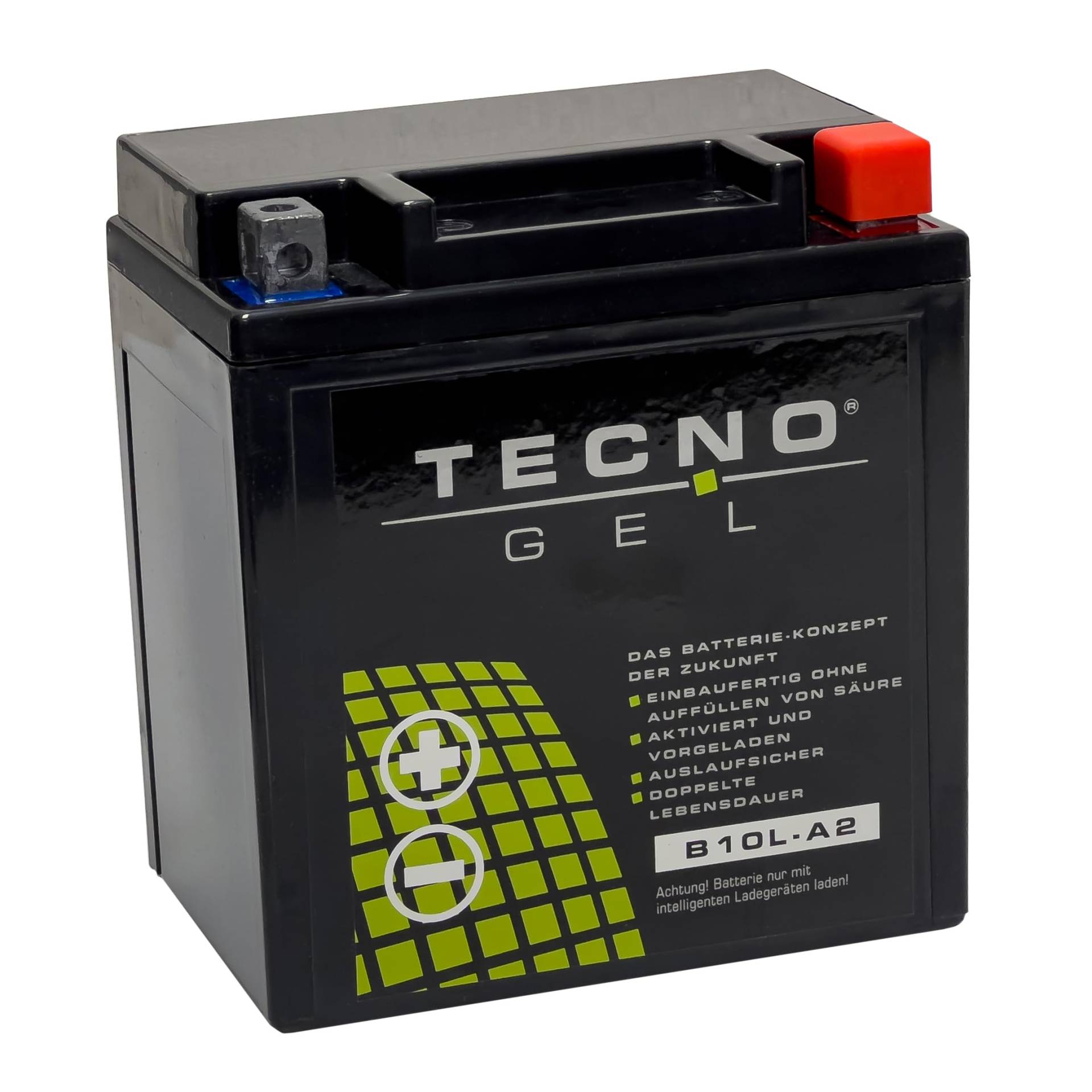 TECNO-GEL Motorrad Qualitäts Batterie für YB10L-A2, 12V 11Ah für Kawasaki Z 250-650-900, 134x88x145 mm von Wirth-Federn