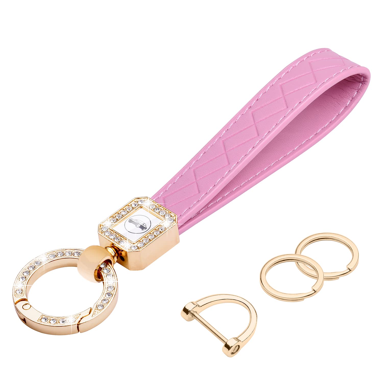 Wisdompro Schlüsselanhänger Auto Strass, Schlüsselanhänger Leder mit 1 D-Ring, 1 Schraubendreher, 2 Schlüsselring, Keychain für Männer/Frauen sind Geschenke für Familie, Freunde (Rosa) von Wisdompro