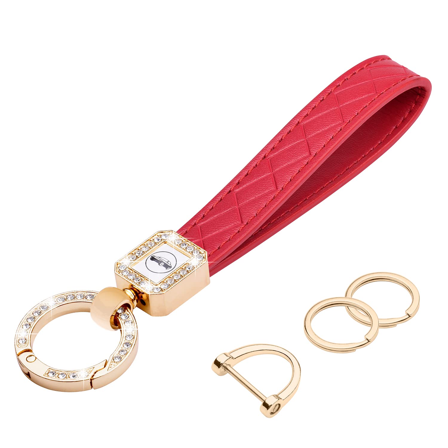 Wisdompro Schlüsselanhänger Auto Strass, Schlüsselanhänger Leder mit 1 D-Ring, 1 Schraubendreher, 2 Schlüsselring, Keychain für Männer/Frauen sind Geschenke für Familie, Freunde (Rot) von Wisdompro