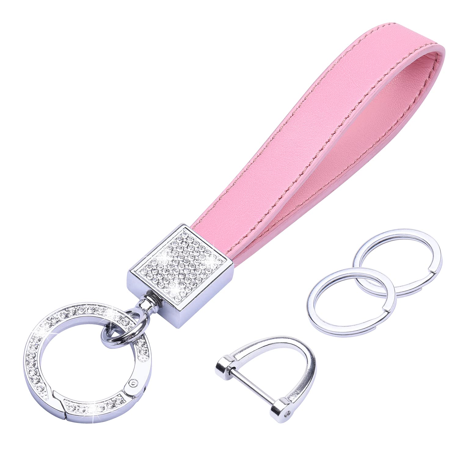 Wisdompro Schlüsselanhänger Auto Strass, Schlüsselanhänger Leder mit 1 D-Ring, 1 Schraubendreher, 2 Schlüsselring, Keychain für Männer/Frauen sind Geschenke für Familie, Freunde (Rosa) von Wisdompro