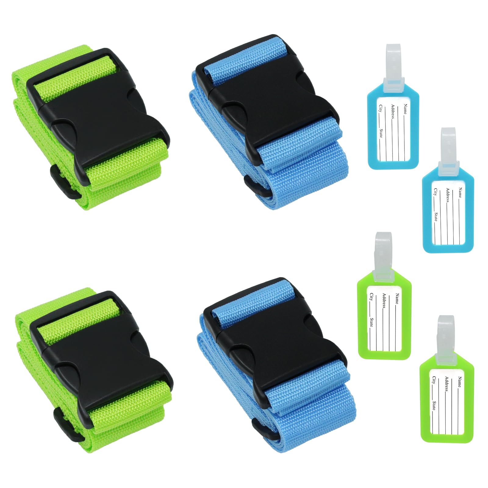 4 Stück Gepäckgurt Kofferband,Koffergurt kofferbänder, Koffer Gepäckgurte mit 4 TLG Gepäckanhänger (Green、Blue, 4) von Wkmamo