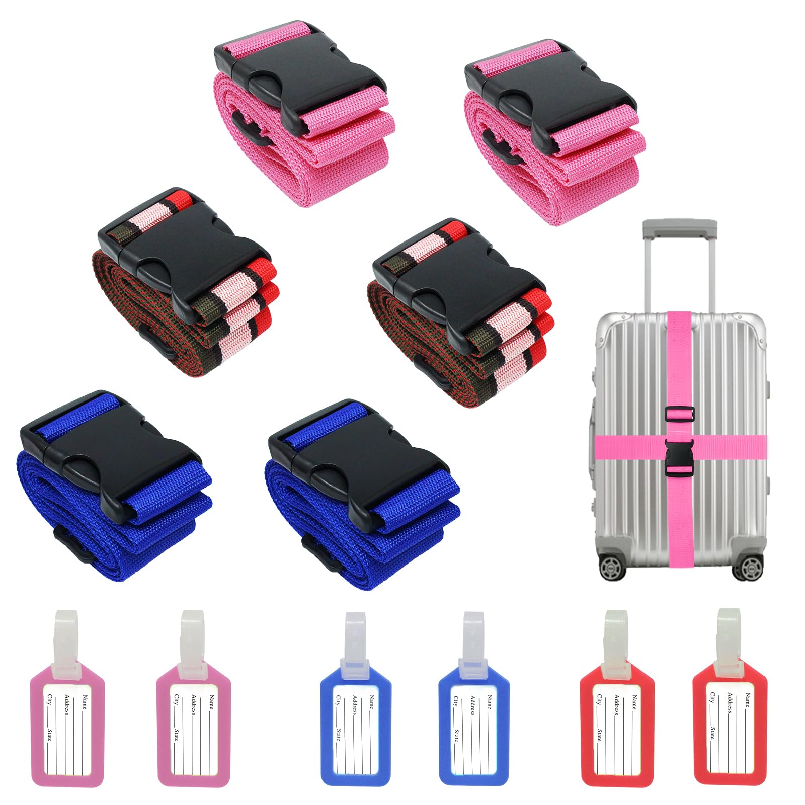 6 Stück Gepäckgurt Kofferband,Koffergurt kofferbänder, Koffer Gepäckgurte mit 4 TLG Gepäckanhänger (Pink、Blue、Tri-Color, 6) von Wkmamo