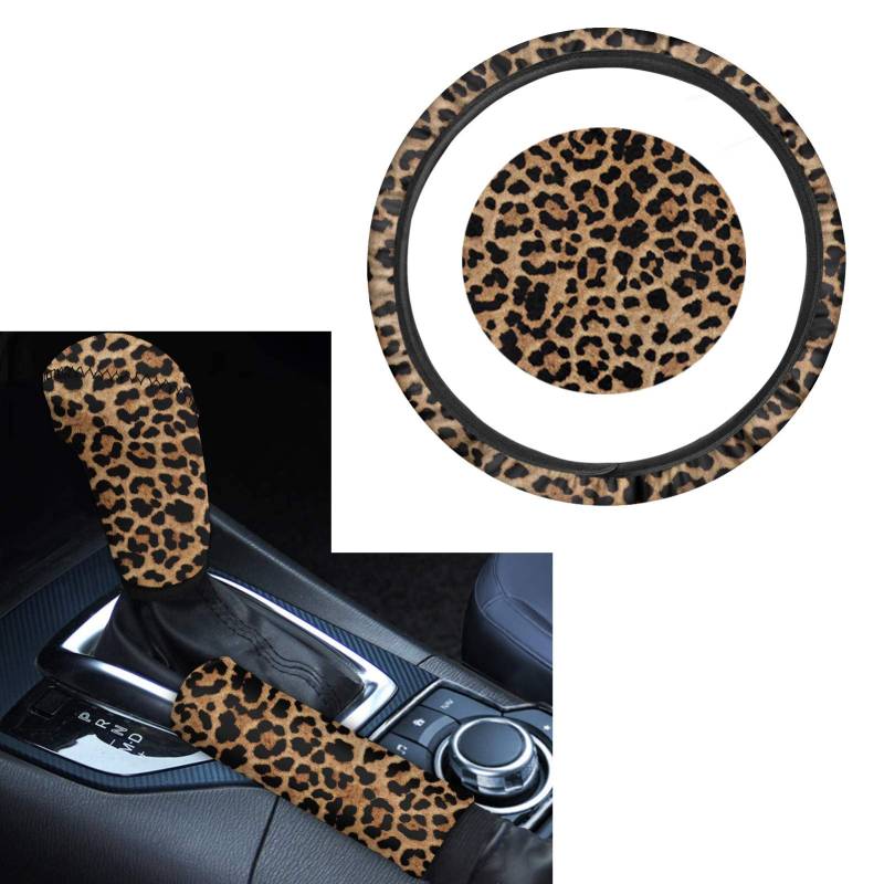 Woisttop Autozubehör-Set, Leopardenmuster Lenkradbezug für Frauen Universal Fit 14-15 Zoll mit Handbremse Abdeckung Schaltgetriebe Auto Dekoration von Woisttop