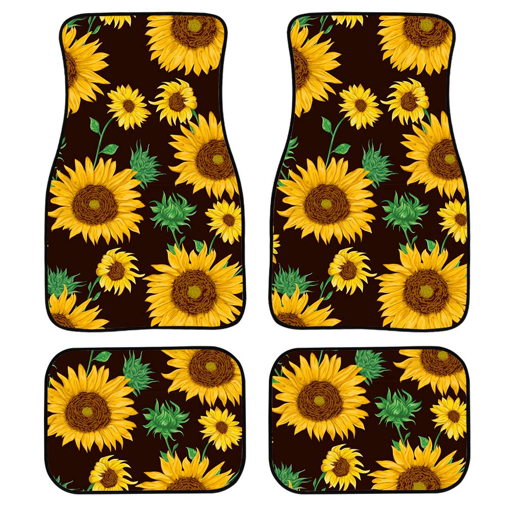 Woisttop Automatten mit Sonnenblumen-Motiv, 4-teiliges Set, Gummi, rutschfeste Bodenmatte für Limousine, Lieferwagen, Wohnmobil, Lkw, Pkw-Zubehör, schwere Staubmatte von Woisttop