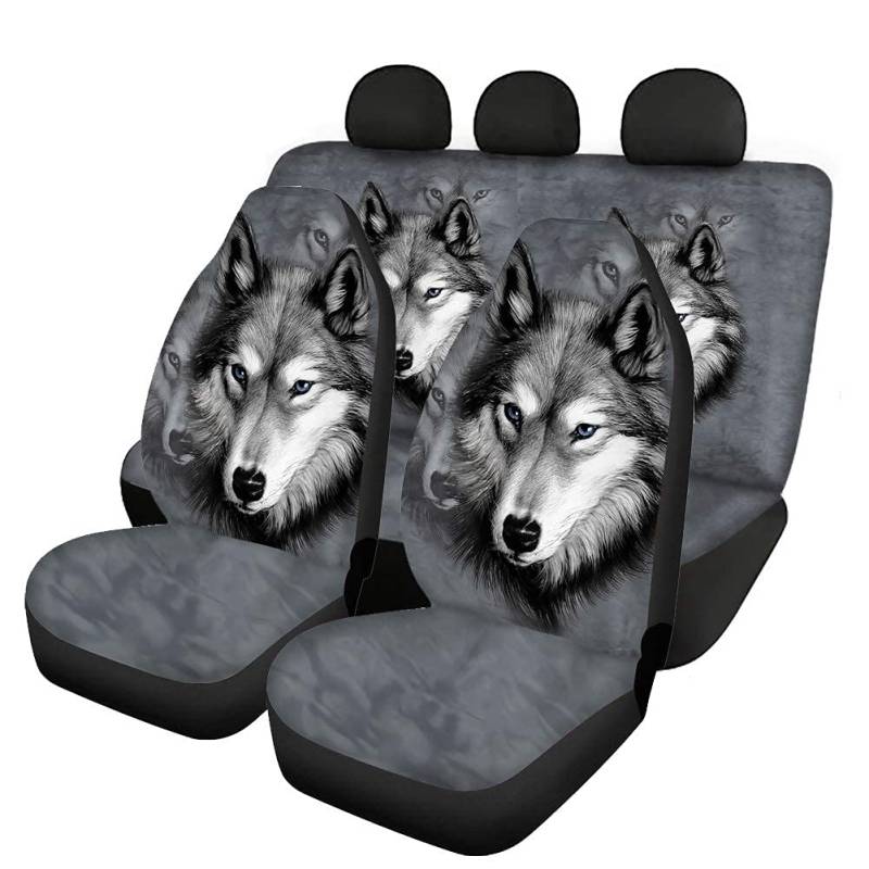 Woisttop Autositzbezüge mit grauem Wolf-Muster + Rücksitzbezug + Rücksitzbezug + Rücksitzbankbezug Autositzbezüge, komplettes Set mit 4 Autozubehör, universelle Passform von Woisttop