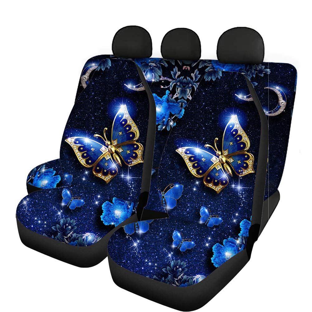 Woisttop Starry Butterflies Auto Zubehör Komplettes Set 4 Stück Auto-Vordersitzbezüge Frauen Damen Geschenke, 2 Stück Autositzbezüge + 2 Stück Rücksitzschoner Split Bank Cover Schalensitz von Woisttop