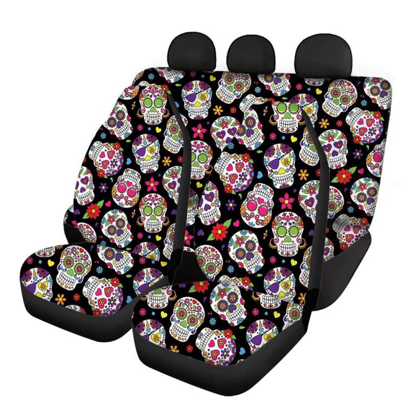 Woisttop Sugar Skull Pattern 4 Stück Set Autositzbezüge Rücklehne Bezug Hintere Unterseite Bank Abdeckung Komplettes Set Universal Passform Most Auto SUV Van Truck von Woisttop