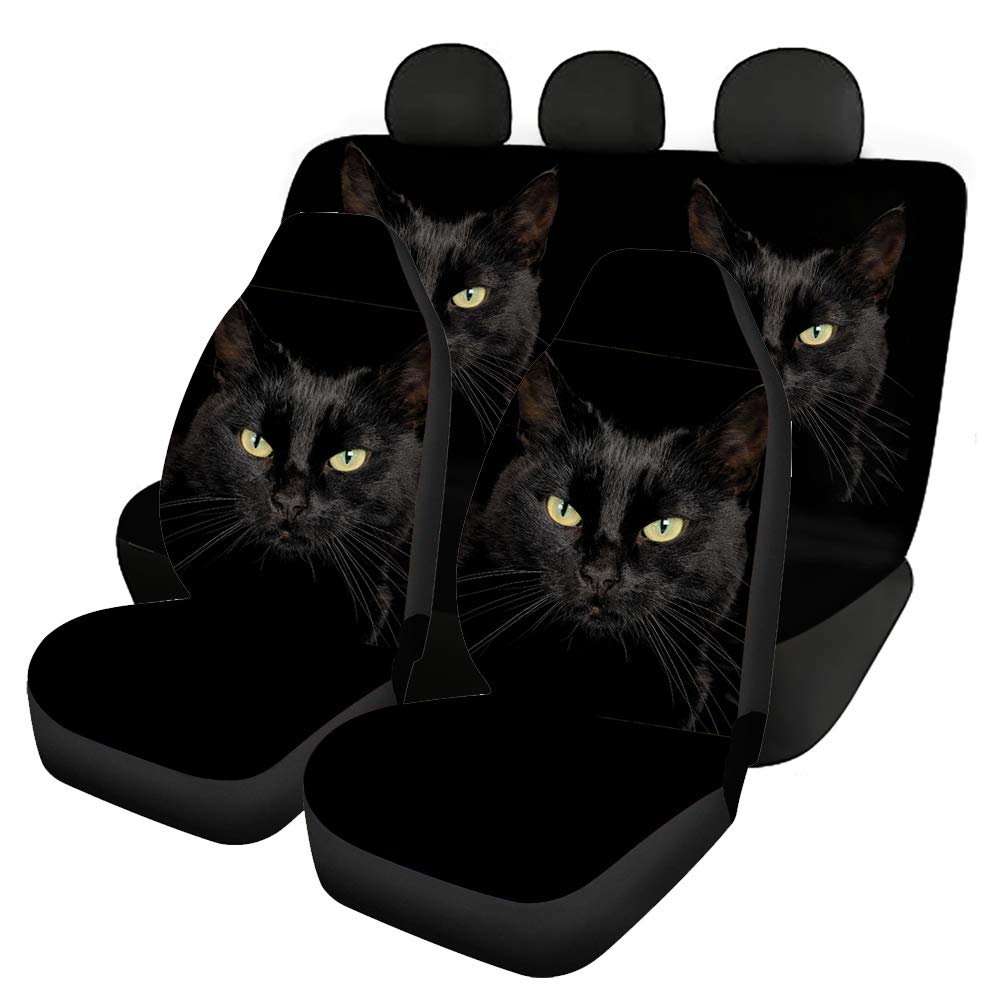 Woisttop Schwarze Katzen-Aufdruck Auto-Vordersitzbezüge + Rücksitzschoner komplettes Set von 4 Stück für Damen und Herren, modisches Autozubehör von Woisttop