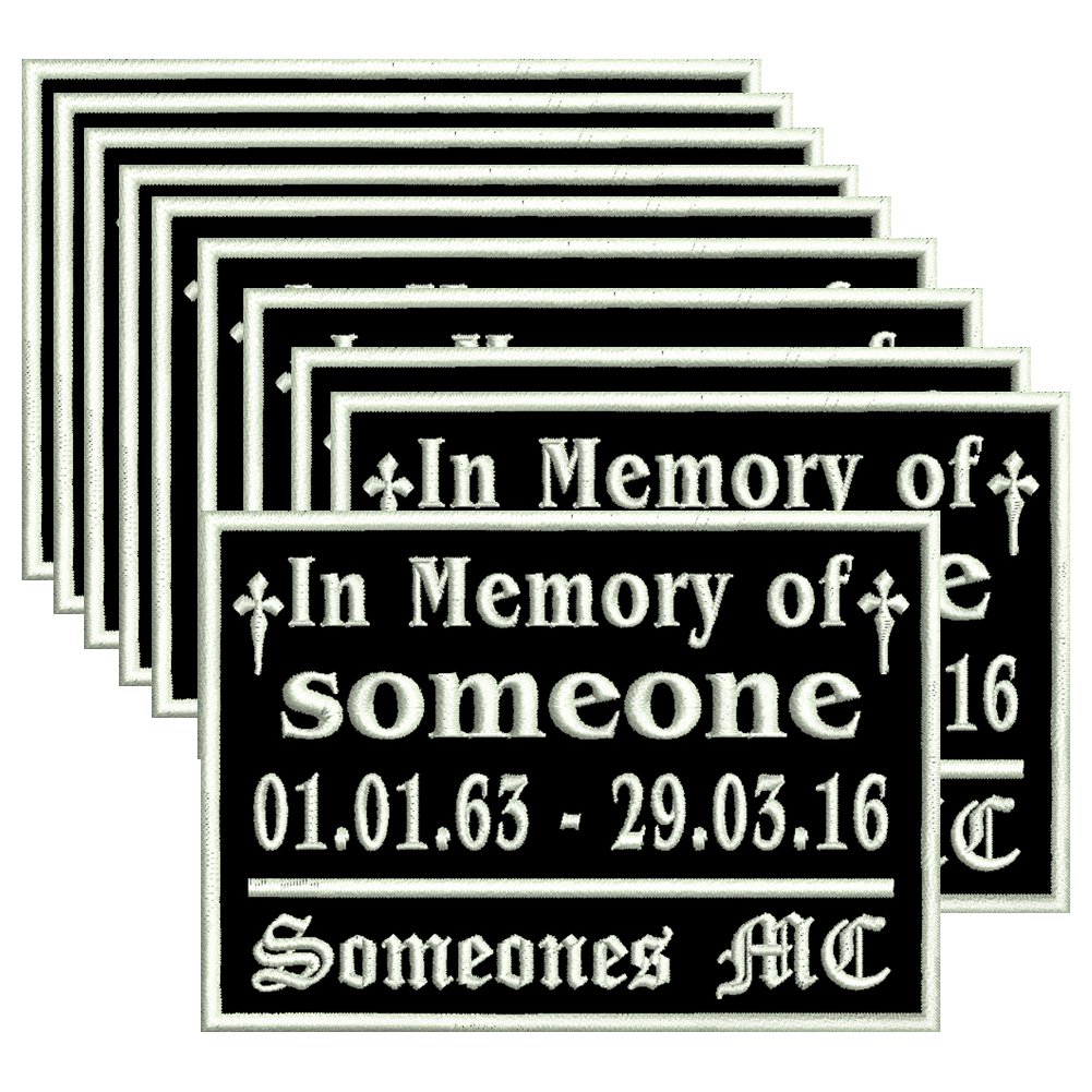 Aufnäher-Set: 10 x Patch "in Memory of" in der Größe 10 x 7cm Aufnäher-Set: 10 x Patch "in Memory of" in der Größe 10 x 7cm von Wolfszeit
