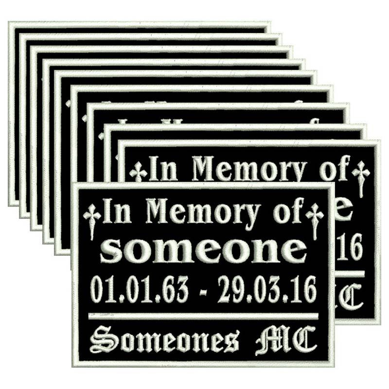 Aufnäher-Set: 10 x Patch "in Memory of" in der Größe 10 x 7cm von Wolfszeit