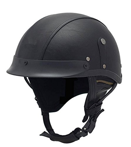 Motorrad Leder Open Face Helm halbes Leder-Helm mit Visier Retro Vintage Style (Schwarz) von Woljay
