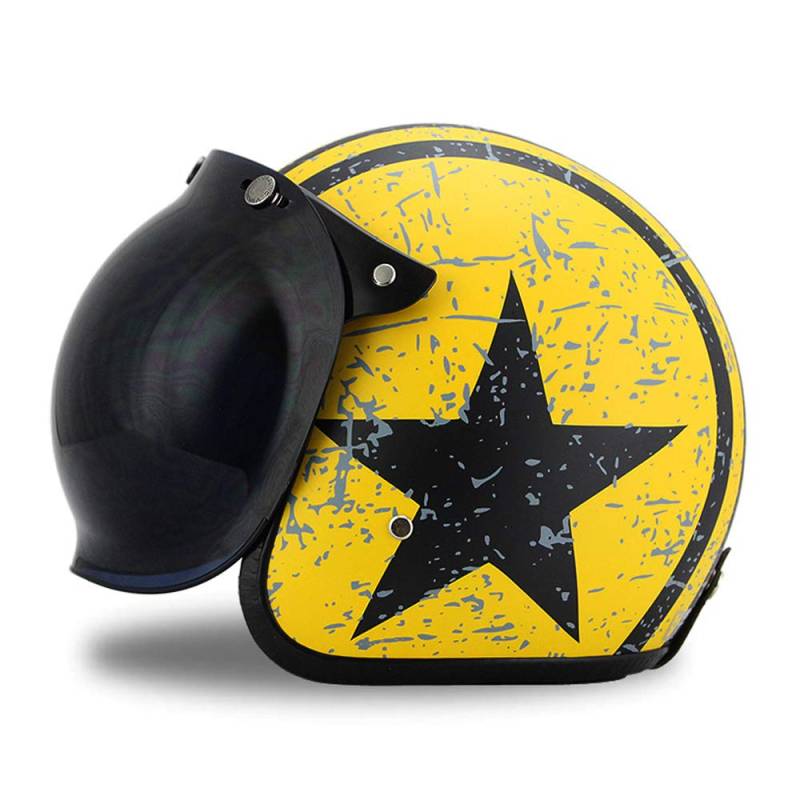 Woljay 3/4 Offener Sturzhelm, Halbhelme Motorrad Helm Flat Rebellen Star Graphic Mit Bubble Schild Gelb + Schwarz (M) von Woljay