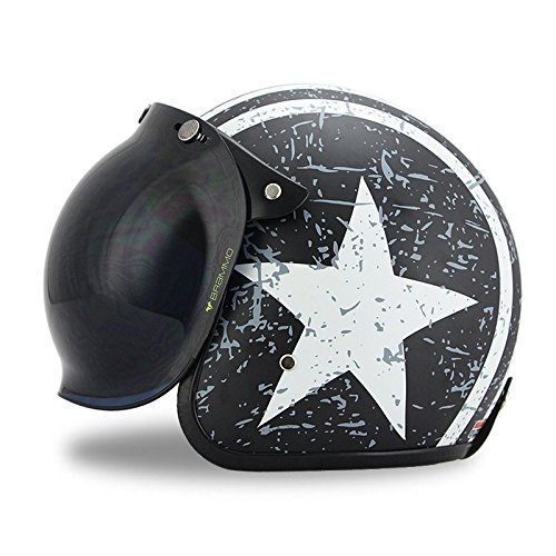 Woljay 3/4 Offener Sturzhelm, Halbhelme Motorrad Helm Flat Rebellen Star Graphic Mit Bubble Schild Schwarz + Weiß (S) von Woljay