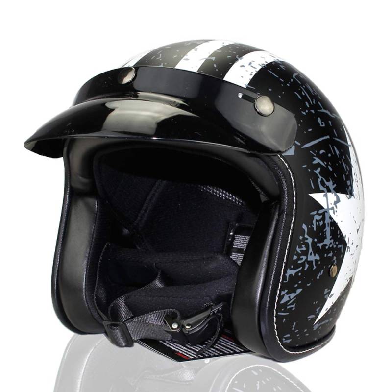 Woljay 3/4 Offener Sturzhelm, Helmet Motorrad-Helm Jet-Helm Scooter-Helm Vespa-Helm Halbhelme Adult Helm Flat mit Rebellen Schwarz + Weiß Star Graphic (M) von Woljay