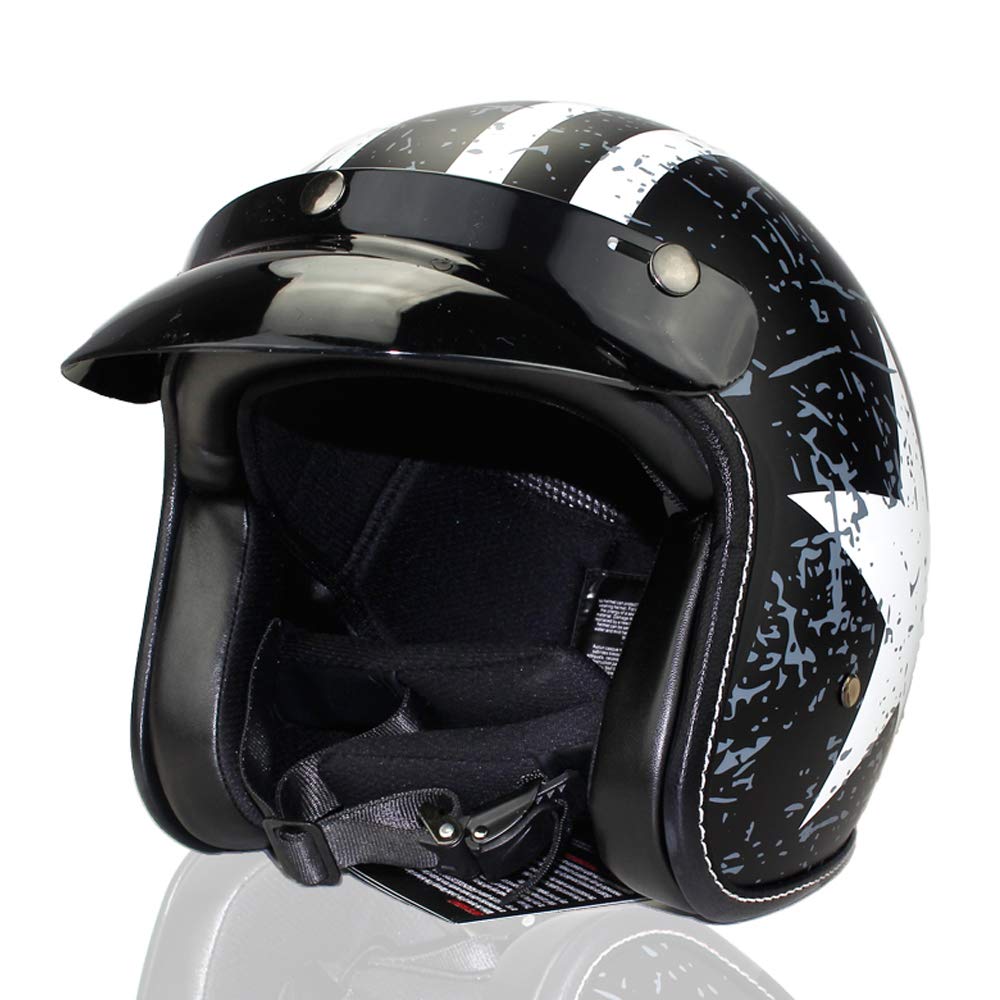 Woljay 3/4 Offener Sturzhelm, Helmet Motorrad-Helm Jet-Helm Scooter-Helm Vespa-Helm Halbhelme Adult Helm Flat mit Rebellen Schwarz + Weiß Star Graphic (XL) von Woljay