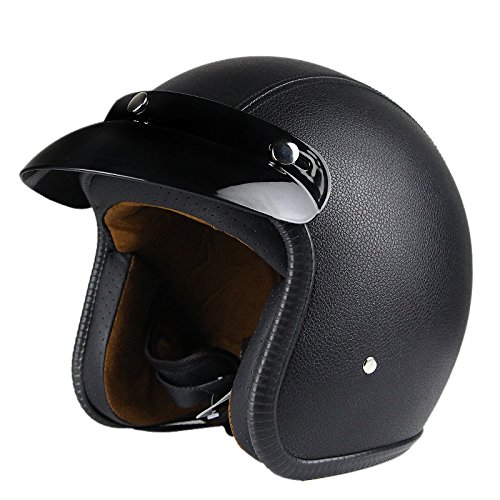 Woljay 3/4 Open Face Helm, Leder Helmet Motorrad-Helm Jet-Helm Scooter-Helm Vespa-Helm Halbhelme Motorrad Helm Flat Schwarz (M) von Woljay