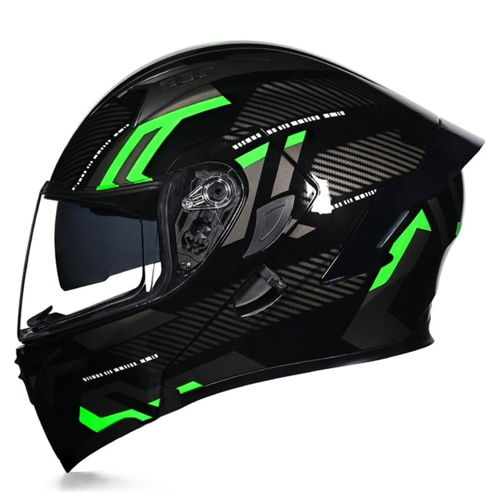 Woljay Integralhelm Klapphelm Motorrad Modularer Helm Motorrad Doppelvisier für Erwachsene Männer Frauen Moped Street Racing DOT / ECER22-05 Approved (Count Black Green - Transparent Visor,L) von Woljay