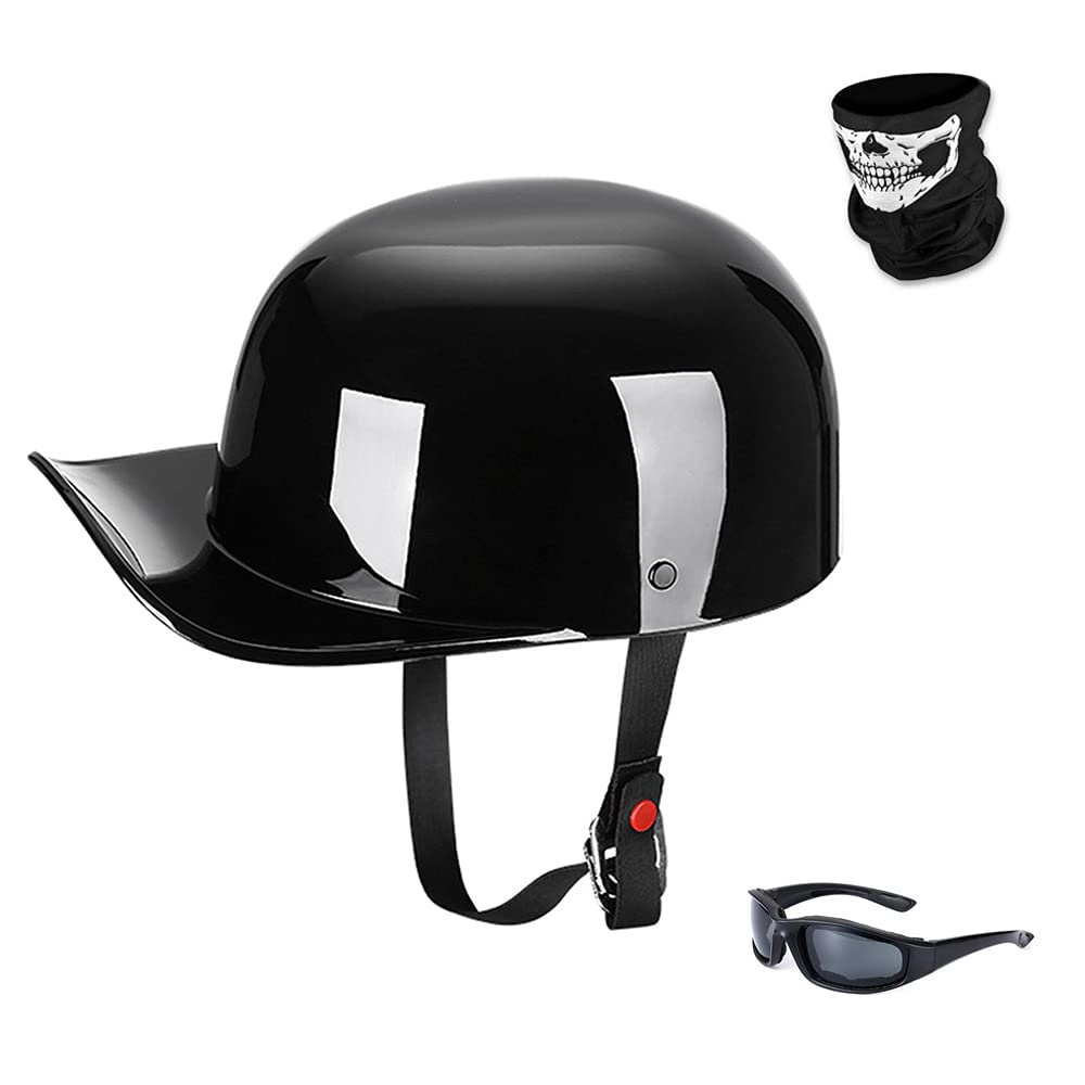 Woljay Jahrgang Jethelm Motorradhelm Retro Baseball Kappe Halbhelm Männer Frauen für Kreuzer Straße Roller Moped mit Maske Gläser - DOT Certified (Gloss Black,L) von Woljay