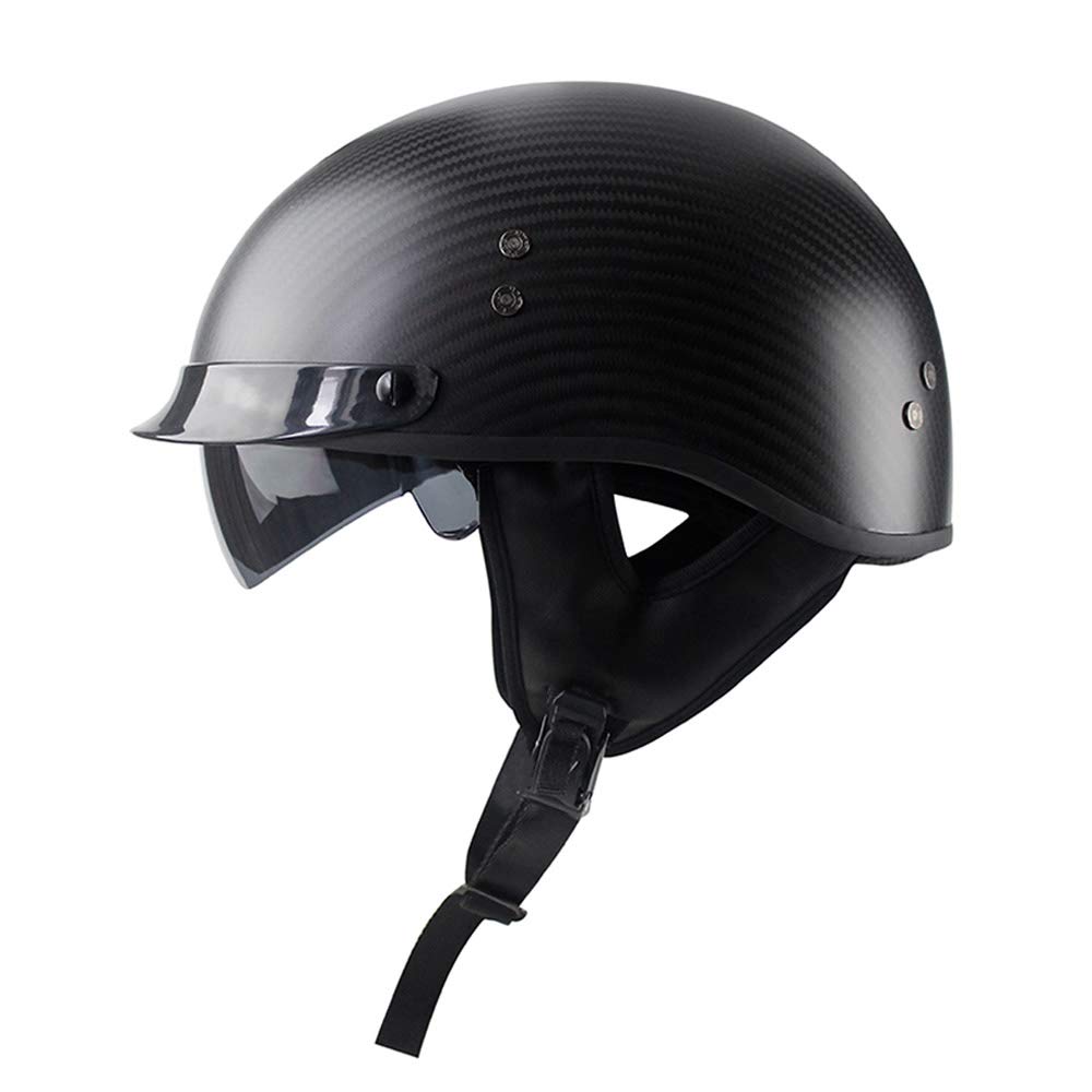 Woljay Kohlefaser Motorradhelm für Erwachsene Vintage Half Helmets Drop Down Sonnenlinse (L, Matt-Schwarz) von Woljay