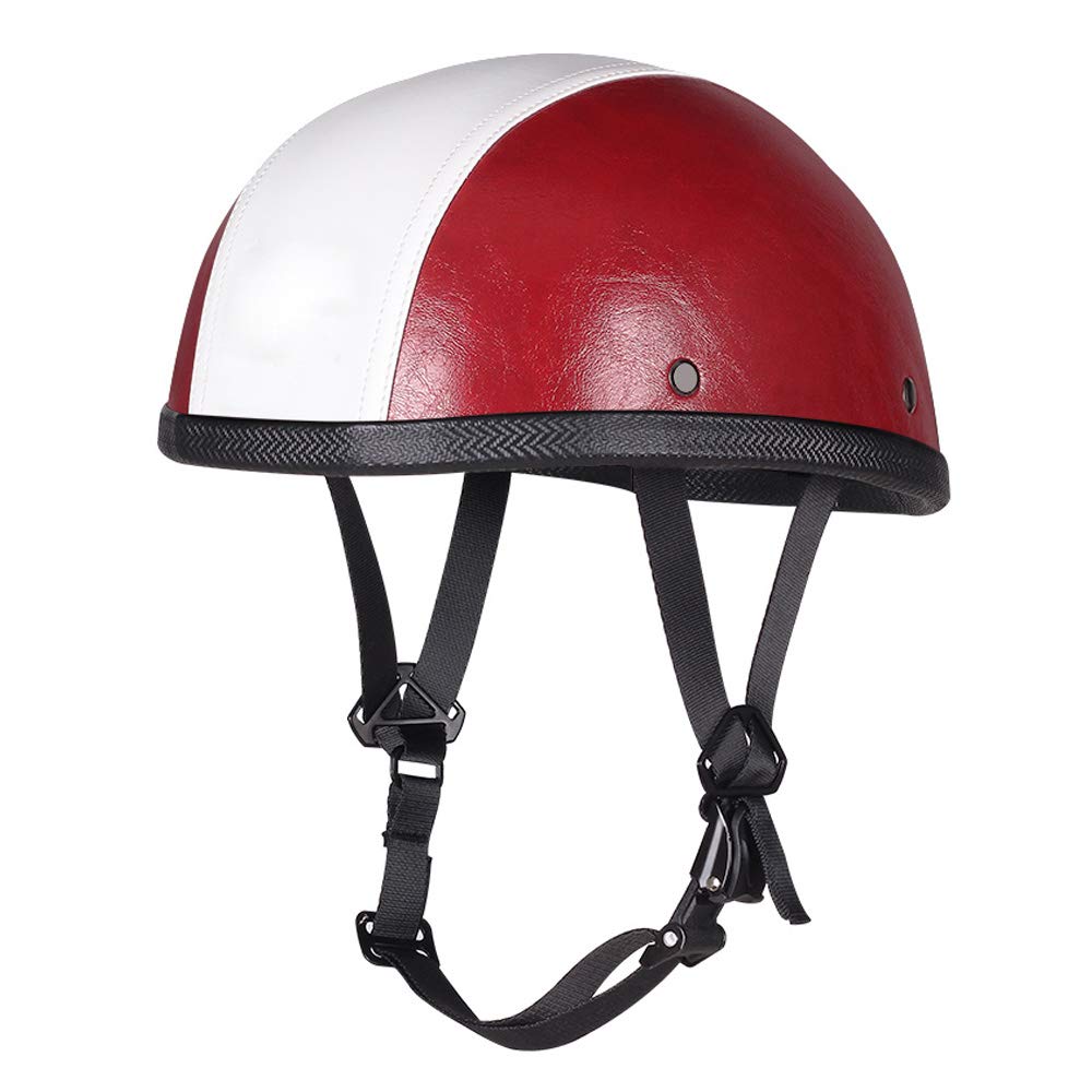 Woljay Leder Halbhelm Motorrad Biker Jahrgang Touring Kreuzer Roller Helme Einheitsgröße (Rot-weiß) von Woljay