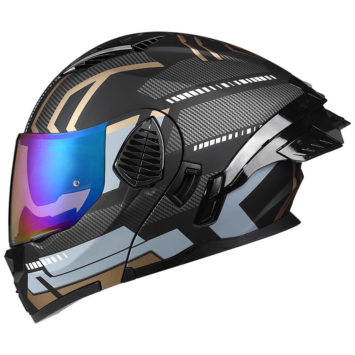 Woljay Motorrad Integral Klapphelm mit Doppelvisier integriertes Motorrad für Erwachsene Männer und Frauen Straßenrennen Moped DOT/ECE Zugelassen (Black Gold-Blue Transparent Visor,X-Large) von Woljay