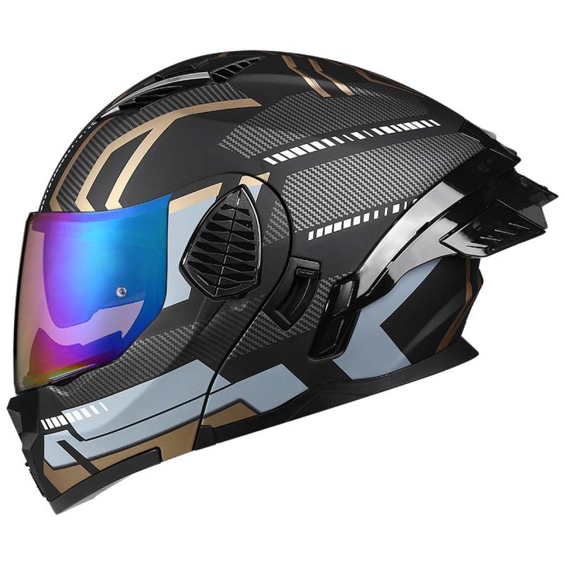 Woljay Motorrad Integral Klapphelm mit Doppelvisier integriertes Motorrad für Erwachsene Männer und Frauen Straßenrennen Moped DOT/ECE Zugelassen (Black Gold-Blue Transparent Visor,X-Large) von Woljay