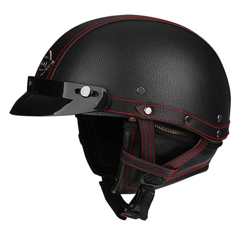 Woljay Vintage Retro Leder Motorrad Halbhelm Herren Damen Erwachsene für Cruiser Scooter Bike mit Schutzbrille Maske - DOT ECE geprüft (Black+Red Line,L) von Woljay