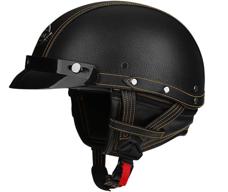 Woljay Vintage Retro Leder Motorrad Halbhelm Herren Damen Erwachsene für Cruiser Scooter Bike mit Schutzbrille Maske - DOT ECE geprüft (Black+Yellow Line,M) von Woljay