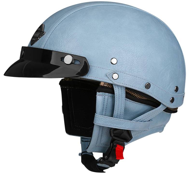Woljay Vintage Retro Leder Motorrad Halbhelm Herren Damen Erwachsene für Cruiser Scooter Bike mit Schutzbrille Maske - DOT ECE geprüft (Blue,S) von Woljay