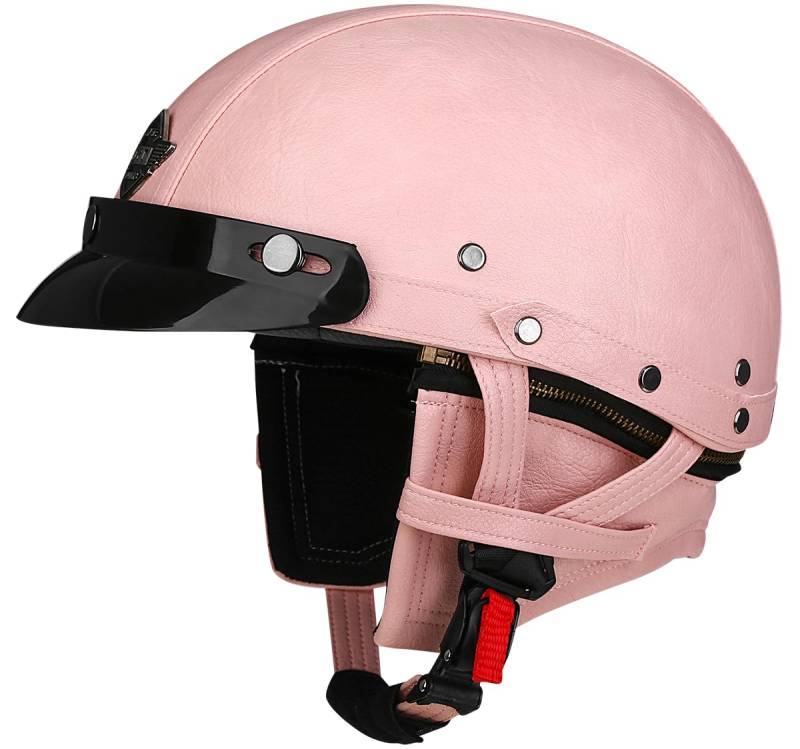 Woljay Vintage Retro Leder Motorrad Halbhelm Herren Damen Erwachsene für Cruiser Scooter Bike mit Schutzbrille Maske - DOT ECE geprüft (Pink,M) von Woljay